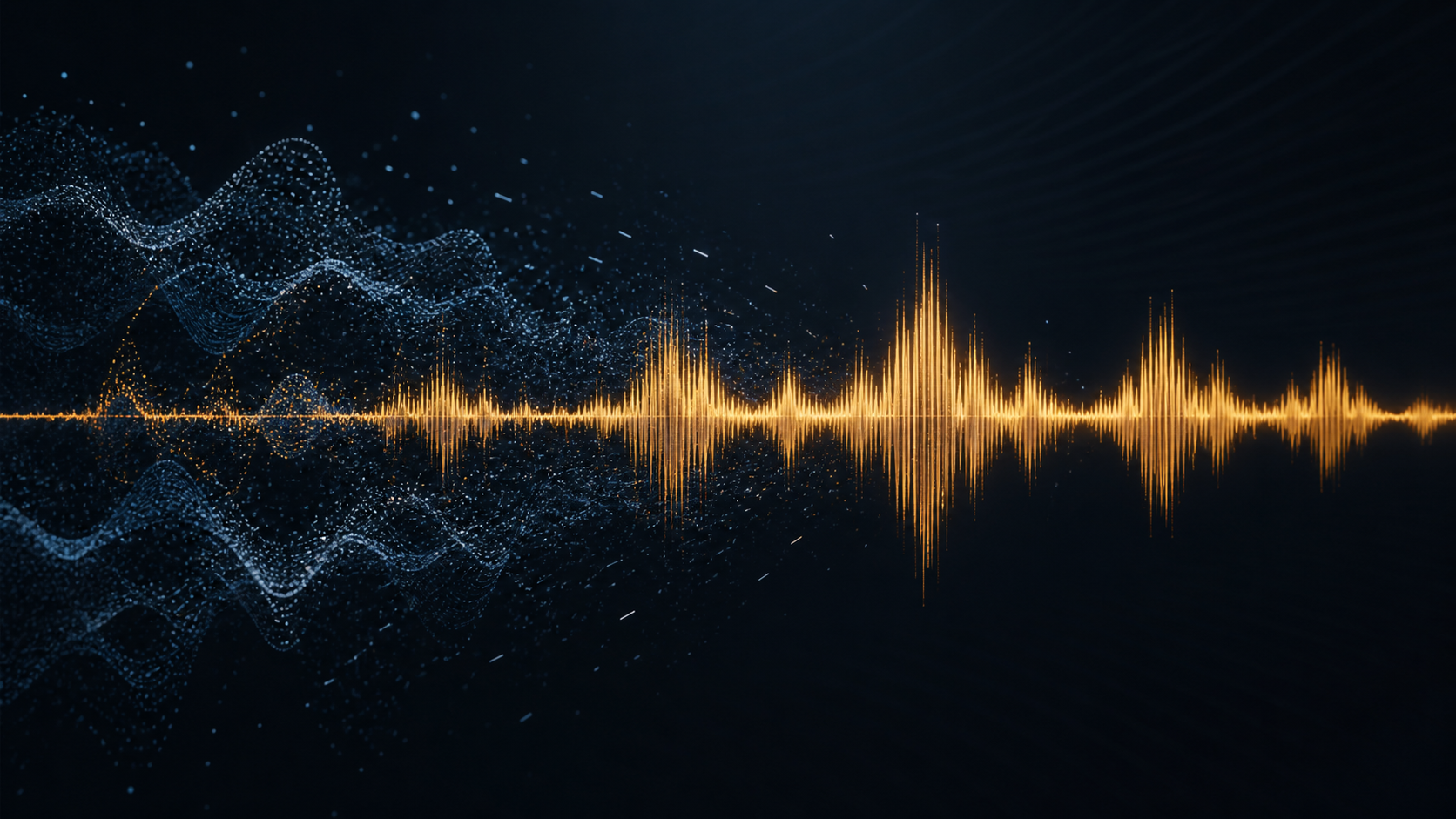 A warm natural speech waveform preserved while cool background noise particles dissolve away
