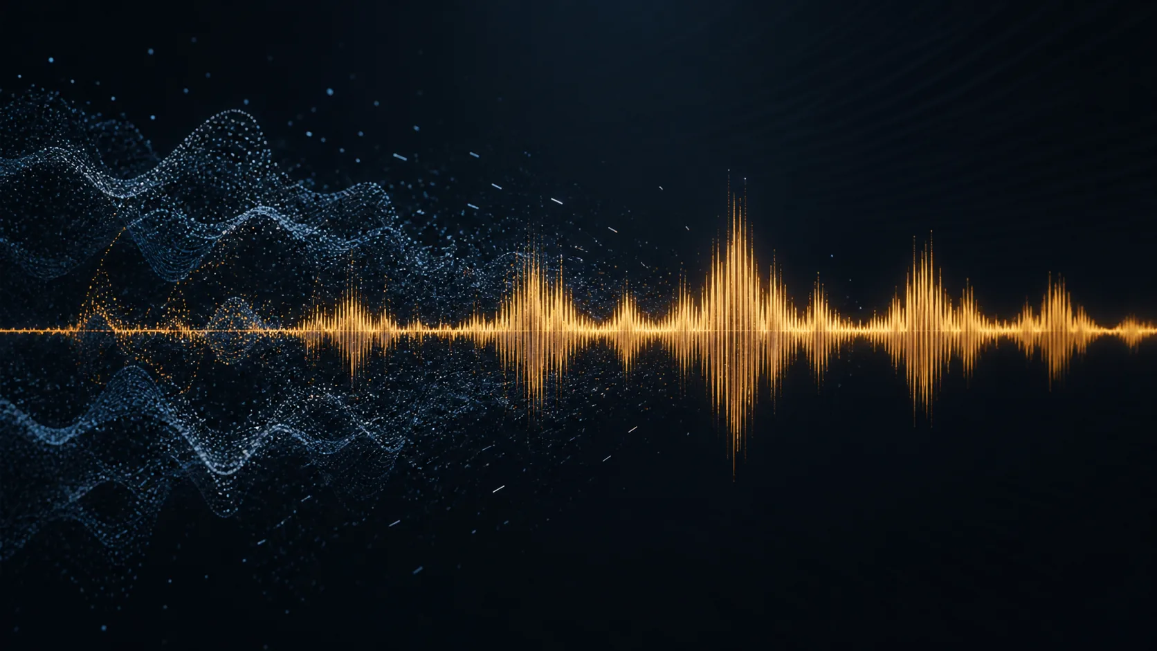 A warm natural speech waveform preserved while cool background noise particles dissolve away