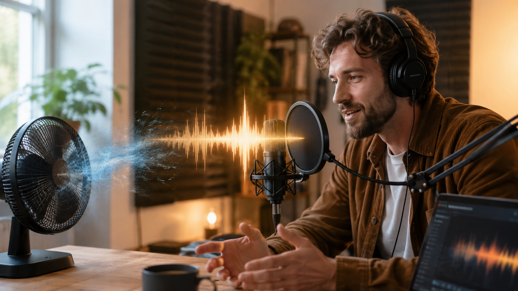 A podcaster recording close to a microphone while cool background-noise particles fade away from a warm, natural speech waveform