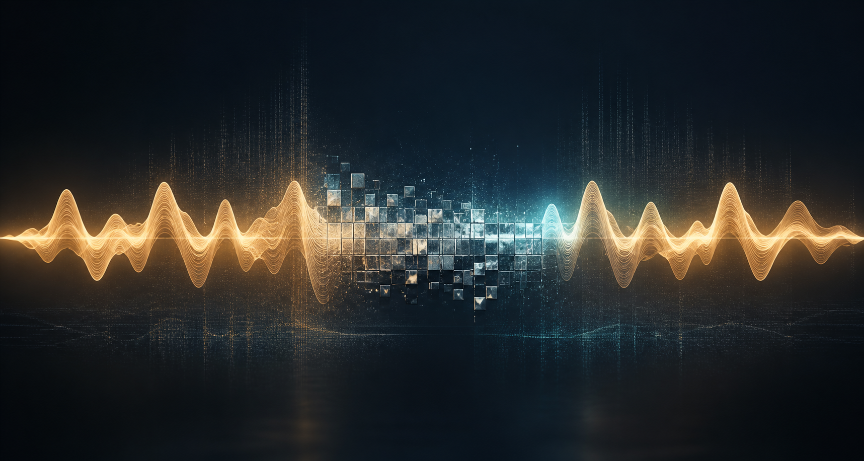 A natural speech waveform briefly breaking into metallic spectral fragments during overly aggressive noise reduction